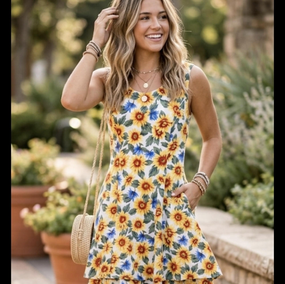 Vintage All That Jazz A Line Dress Sunflower Print Criss Cross Back Size 9-10